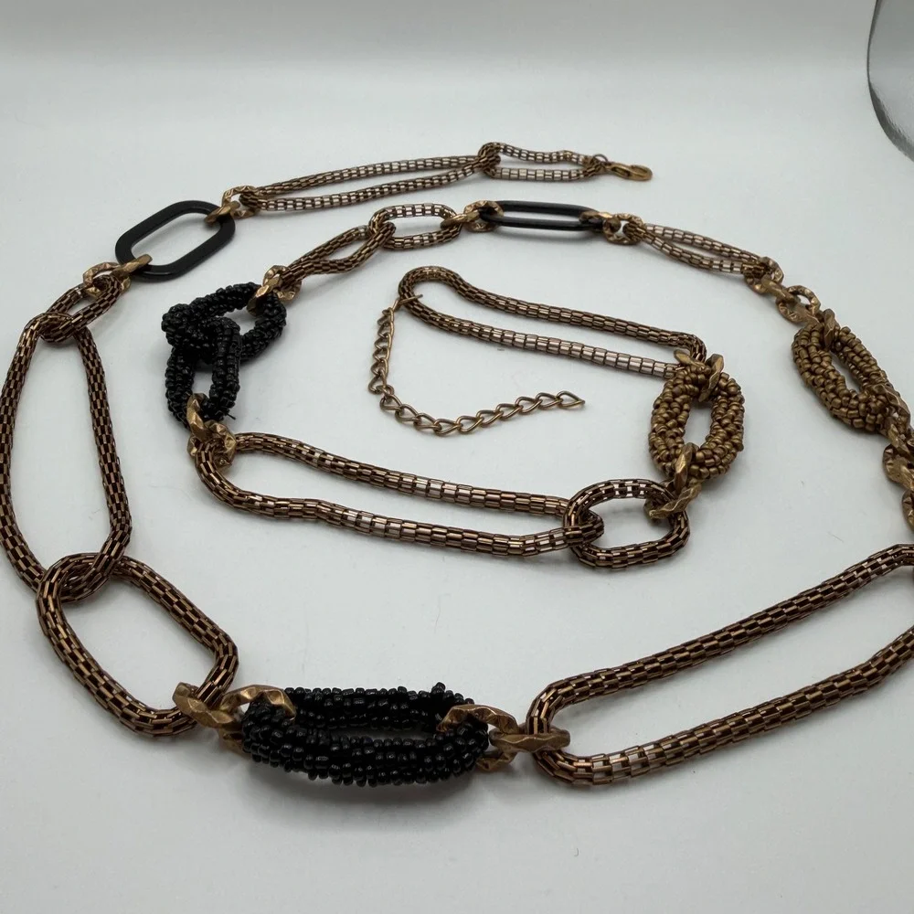 Chicos Womens Antique Gold Mesh and Black Seed Bead‎ Adjustable Chain Belt